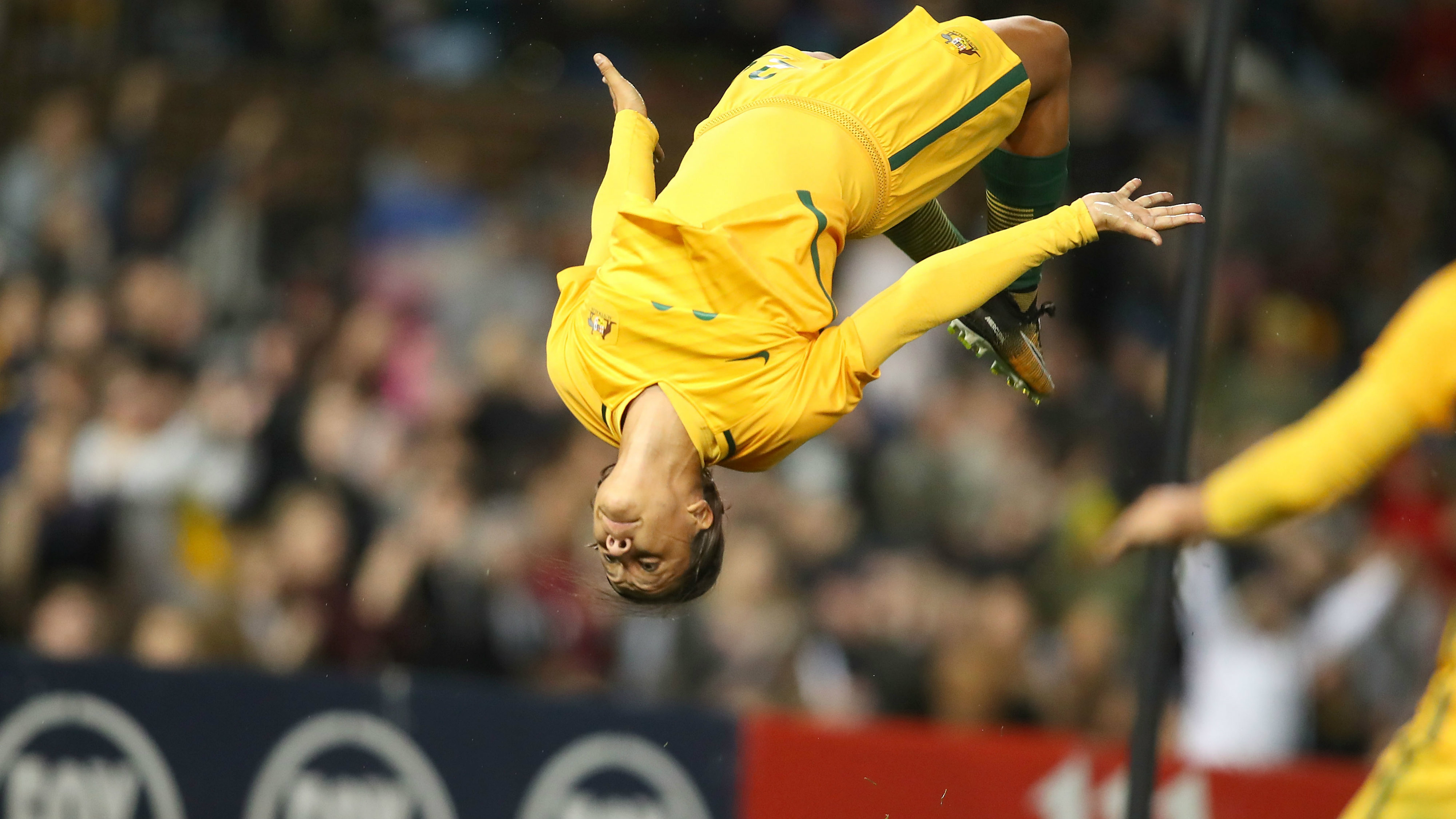 Sam Kerr pulls off a stunning back-flip after her second goal in the win over Brazil on Tuesday night.