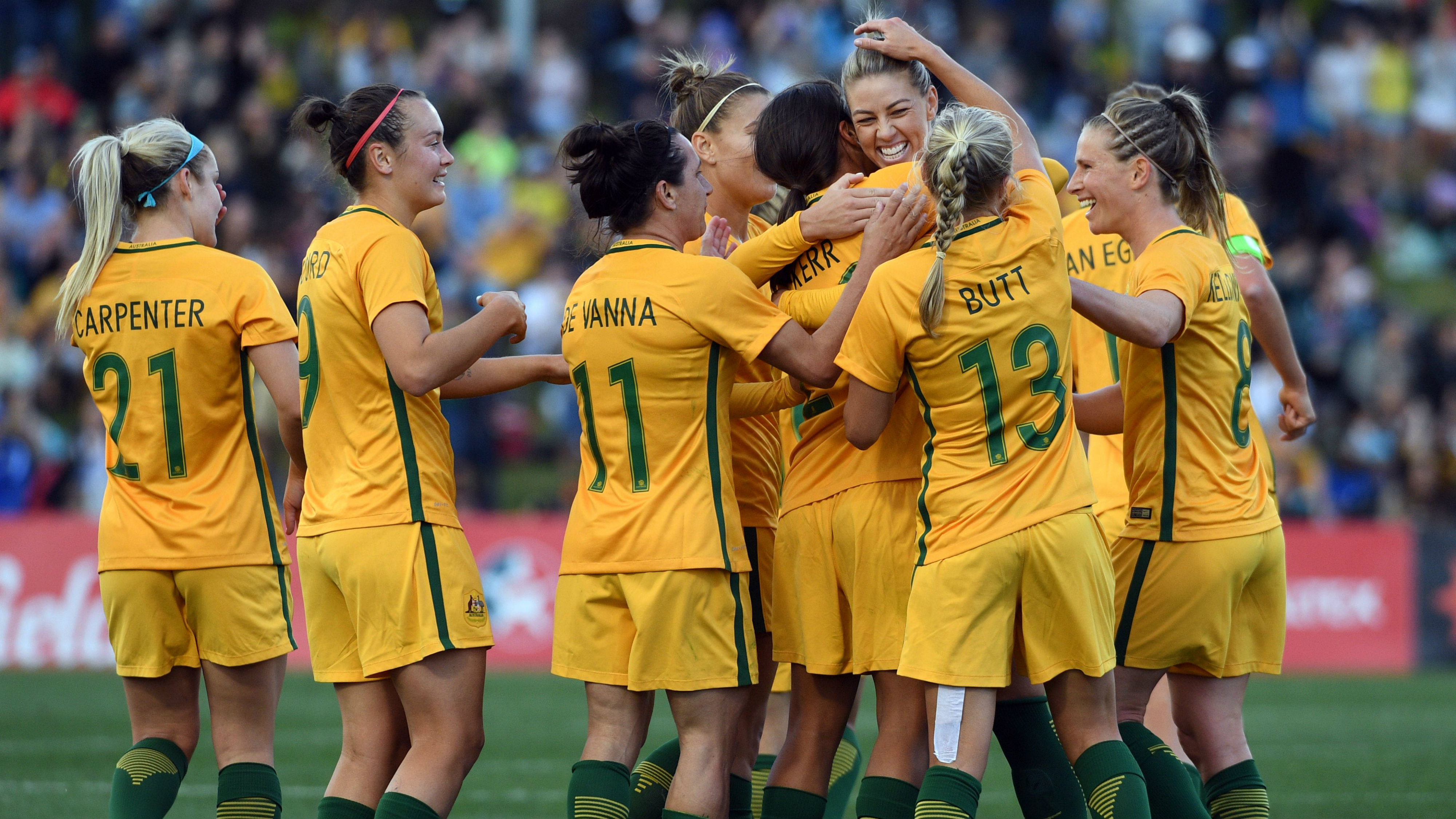 The Westfield Matildas celebrate a goal in their 2-1 win over Brazil.