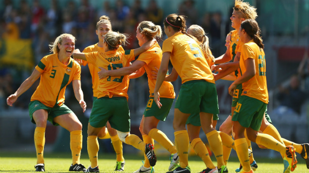 The Westfield Matildas celebrate Katrina Gorry scoring against China PR.