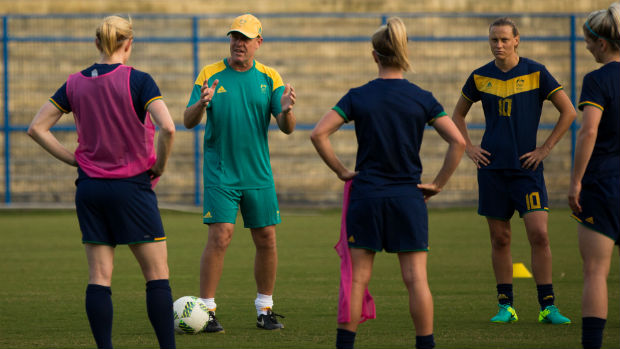 Coach Alen Stajcic gives some instructions to Australia's Women's Football Team in Brazil.