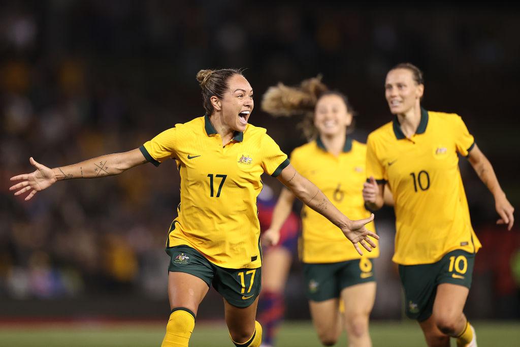  Kyah Simon of the Matildas celebrates scoring her team's only goal during game two of the International Friendly series between the Australia Matildas and the United States of America Women's National Team at McDonald Jones Stadium on November 30, 2021 in Newcastle, Australia. (Photo by Cameron Spencer/Getty Images)