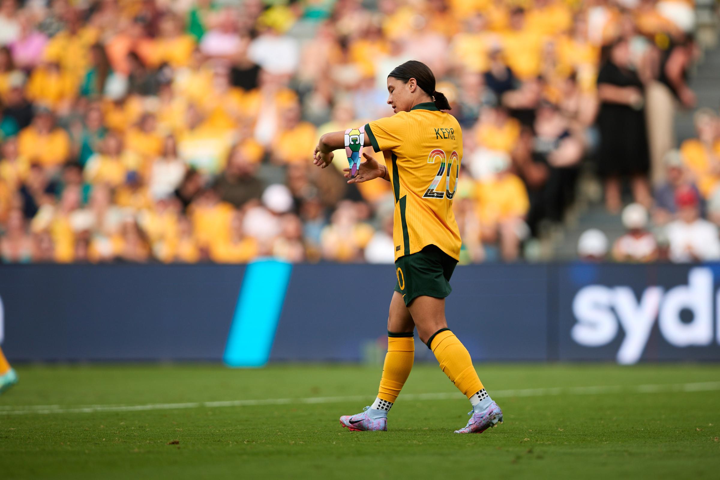 Sam Kerr dons Pride jersey and armband v Spain at Cup of Nations 2023 - Rachel Bach (By The White Line)