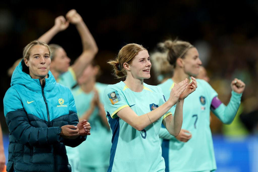 Cortnee Vine of Australia applauds fans after the team's 4-0 victory and qualification for the knockout stage following the FIFA Women's World Cup Australia & New Zealand 2023 Group B match between Canada and Australia at Melbourne Rectangular Stadium on July 31, 2023 in Melbourne, Australia. (Photo by Cameron Spencer/Getty Images)