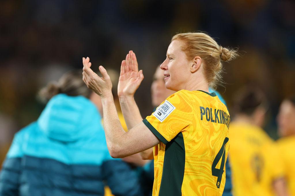 Clare Polkinghorne of Australia celebrates the team’s 2-0 victory and advance to the quarter final following the FIFA Women's World Cup Australia & New Zealand 2023 Round of 16 match between Australia and Denmark at Stadium Australia on August 07, 2023 in Sydney / Gadigal, Australia. (Photo by Cameron Spencer/Getty Images)