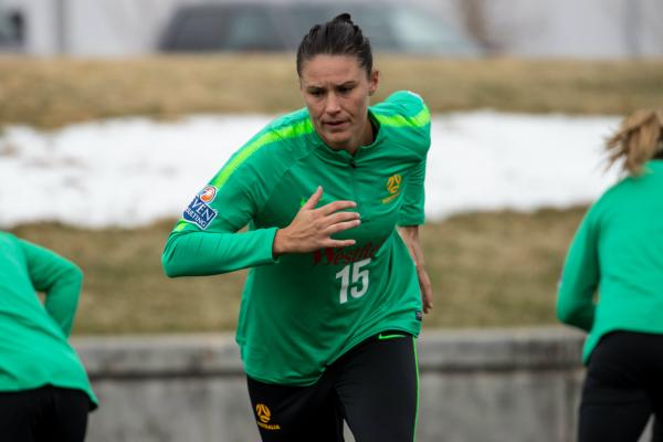 Emily Gielnik strides out during Westfield Matildas training in Denver