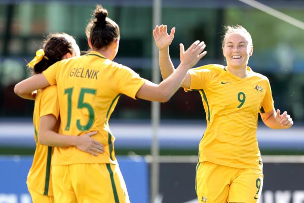 The Westfield Matildas celebrate one of Emily Gielnik's two first-half goals