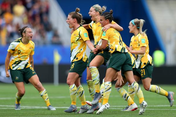 Comeback complete! The Matildas celebrate going in front after the VAR awards Monica's own goal