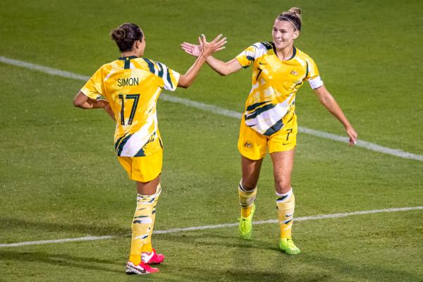 Steph Catley making Kyah Simon feel welcome on her long-awaited return to Westfield Matildas action