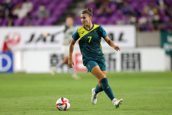 Stephanie Catley of Australia in action during the women's international friendly match between Japan and Australia at Sanga Stadium by Kyocera on July 14, 2021 in Kameoka, Kyoto, Japan. (Photo by Masashi Hara/Getty Images)