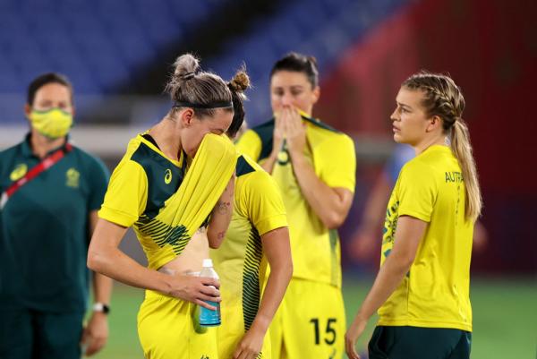Alanna Kennedy #14 of Team Australia looks dejected following defeat in the Women's Semi-Final match between Australia and Sweden on day ten of the Tokyo 2020 Olympic Games at International Stadium Yokohama on August 2, 2021 in Yokohama, Japan. (Photo by David Ramos/Getty Images