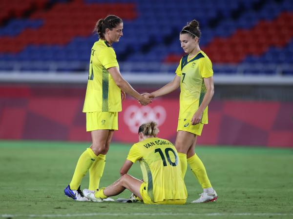 Laura Brock, Stephanie Catley and Emily van Egmond post the Matildas 1-0 loss to Sweden in the Tokyo 2020 semi-finals