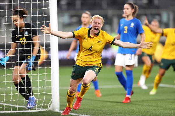 Clare Polkinghorne celebrates against Brazil 