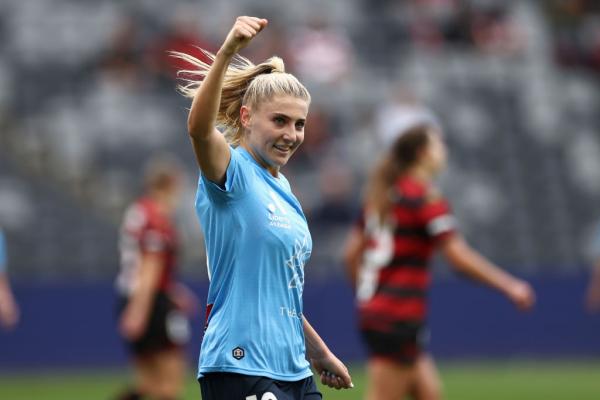 Remy Siemsen of Sydney FC celebrates scoring a goal during the round two A-League Womens match between Western Sydney Wanderers and Sydney FC at CommBank Stadium, on December 11, 2021, in Sydney, Australia. (Photo by Cameron Spencer/Getty Images)