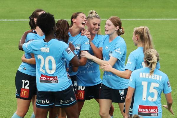 Charlize Rule of Sydney FC celebrates with team mates after scoring a goal during the round three A-League Womens match between Sydney FC and Wellington Phoenix at Netstrata Jubilee Stadium, on December 19, 2021, in Sydney, Australia. (Photo by Matt King/Getty Images)