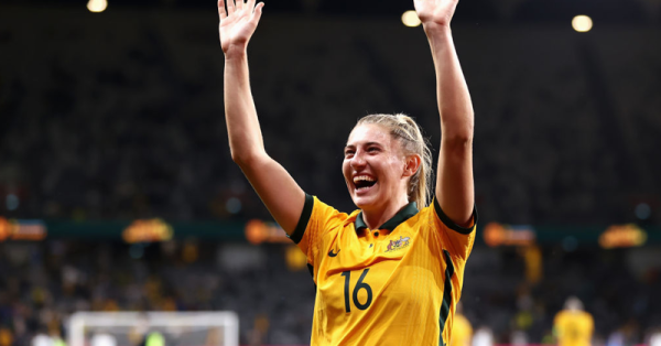 SYDNEY, AUSTRALIA - OCTOBER 23: Remy Siemsen of the Matildas thanks fans after winning the Women's International Friendly match between the Australia Matildas and Brazil at CommBank Stadium on October 23, 2021 in Sydney, Australia. (Photo by Cameron Spencer/Getty Images)
