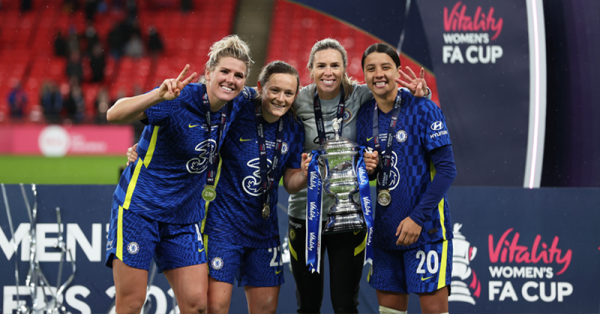Sam Kerr lifts the Women's FA Cup trophy; scoring twice at Wembley in front of a massive crowd