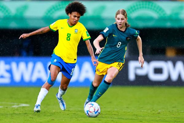 Hana Lowry of Australia and Yaya of Brazil on the ball at the U20 Women's World Cup 