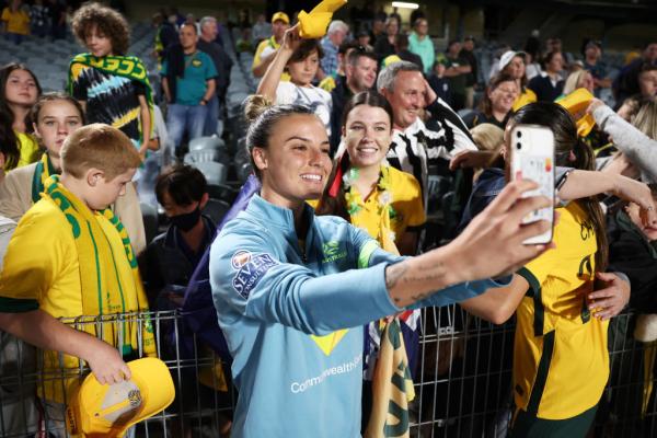 Chloe Logarzo of the Matildas interacts with fans after the International Friendly match between the Australia Matildas and Thailand at Central Coast Stadium on November 15, 2022 in Gosford, Australia. (Photo by Matt King/Getty Images)