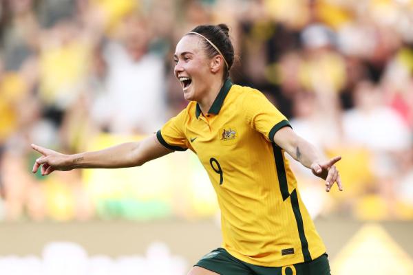 Caitlin Foord of Australia celebrates scoring a goal during the 2023 Cup of Nations Match between Australian Matildas and Spain at CommBank Stadium on February 19, 2023 in Sydney, Australia. (Photo by Matt King/Getty Images)