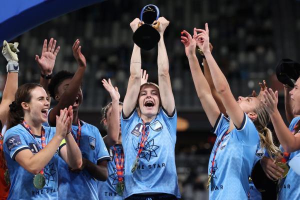 SYDNEY, AUSTRALIA - APRIL 30: Cortnee Vine of Sydney FC and team mates celebrate winning the A-League Women's Grand Final match between Western United and Sydney FC at CommBank Stadium on April 30, 2023, in Sydney, Australia. (Photo by Cameron Spencer/Getty Images)