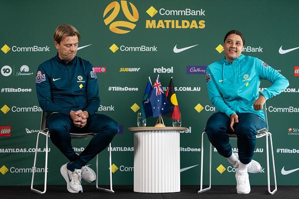 Tony Gustavsson and Sam Kerr during the Official Opening of the Australian Matildas training facility and FIFA Women's World Cup squad announcement at La Trobe University Sports Fields on July 03, 2023 in Melbourne, Australia. (Photo by Mackenzie Sweetnam/Getty Images)