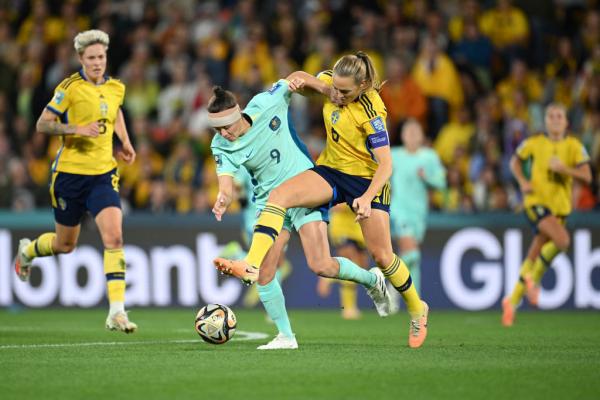 BRISBANE, AUSTRALIA - AUGUST 19: Caitlin Foord of Australia and Magdalena Eriksson of Sweden compete for the ball during the FIFA Women's World Cup Australia & New Zealand 2023 Third Place Match match between Sweden and Australia at Brisbane Stadium on August 19, 2023 in Brisbane / Meaanjin, Australia. (Photo by Matt Roberts - FIFA/FIFA via Getty Images)