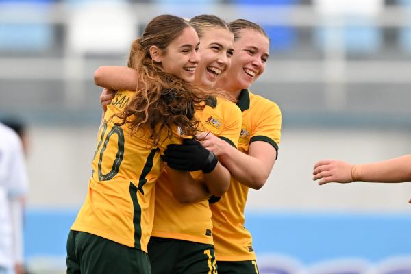 Indiana Dos Santos, Claudia Cicco and Kahli Johnson celebrate after Young Matildas score against Chinese Taipei. Photo: AFC