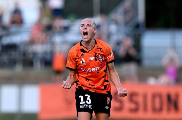 BRISBANE, AUSTRALIA - MARCH 02: Tameka Yallop of the Roar celebrates after scoring a goal during the A-League Women round 18 match between Brisbane Roar and Melbourne City at Perry Park, on March 02, 2024, in Brisbane, Australia. (Photo by Bradley Kanaris/Getty Images)