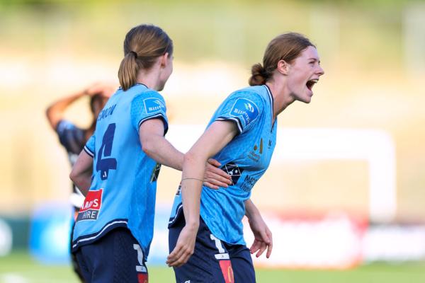 Cortnee Vine of Sydney FC celebrate the goal of Jordan Thompson during the A-League Women round 20 match between Wellington Phoenix and Sydney FC at Porirua Park, on March 17, 2024, in Wellington, New Zealand. (Photo by Hagen Hopkins/Getty Images)