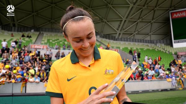 Caitlin Foord is presented with the Rebel Sport Player of the Match for AUSvSWE