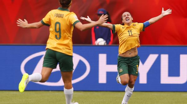 Co-captain Lisa De Vanna celebrates a goal at the World Cup.