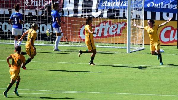 Lisa De Vanna celebrates one of her goals in the Westfield Matildas' big win over Brazil at the Tournament of Nations.