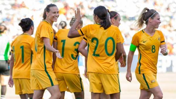 The Westfield Matildas celebrate a goal in their big win over Brazil at the Tournament of Nations.
