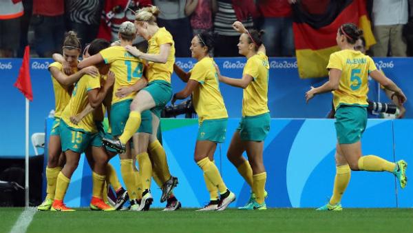 The Australian Women's Football Team celebrate Sam Kerr's opener against Germany.