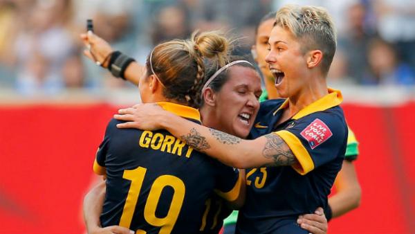 The Westfield Matildas celebrate Lisa de Vanna's equaliser against the USA at last year's FIFA Women's World Cup.