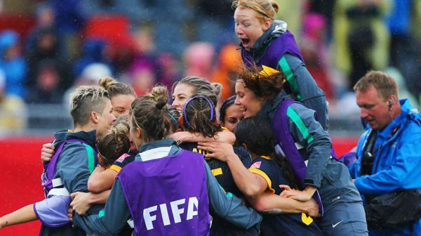 The Matildas camp celebrate following their 1-0 win over Brazil.